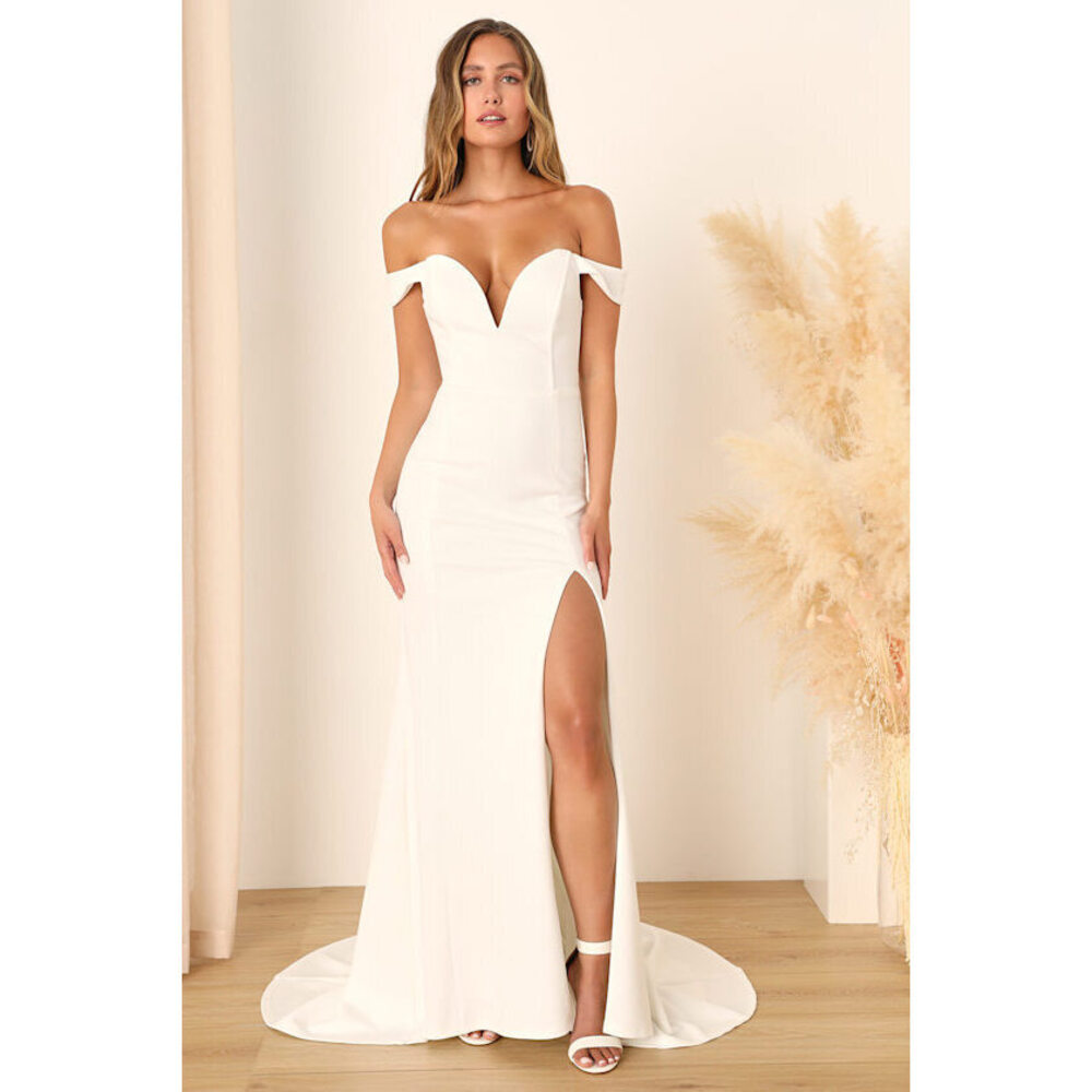 NWT Lulus Idyllic Perfection White Plunge Sleeveless Mermaid Maxi Dress, Size XS